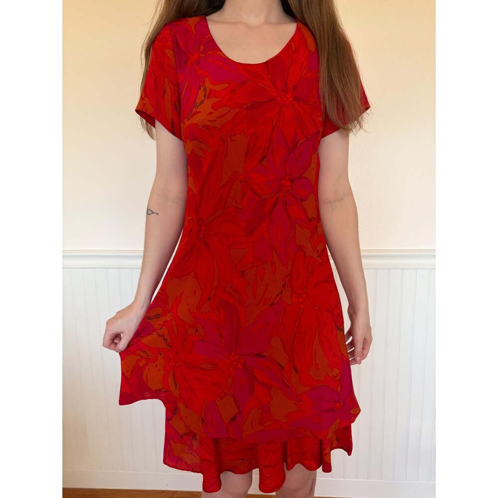 Vintage Pat Argenti Silk Hot Pink Orange Floral Midi Dress with Tiered Skirt